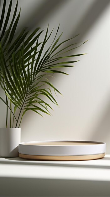 Foto 3d interior blanco abstracto realista pedestal de madera blanca superposición de sombra de hoja de palma producto mínimo