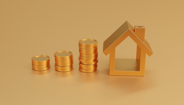 3d investimento imobiliário ou pilha de conceito de empréstimo à habitação de moedas com casa em fundo dourado