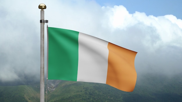 3d, irland fahnenschwingen auf wind mit berg. irisches banner weht, weiche und glatte seide. stoff textur fähnrich hintergrund. verwenden sie es für das konzept für nationalfeiertage und länderanlässe.