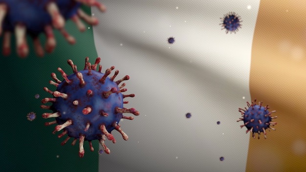 3D, Irland Fahnenschwingen mit Coronavirus-Ausbruch, der die Atemwege als gefährliche Grippe infiziert. Influenza-Virus vom Typ Covid 19 mit nationalem irischem Banner, das im Hintergrund weht. Pandemie-Risikokonzept