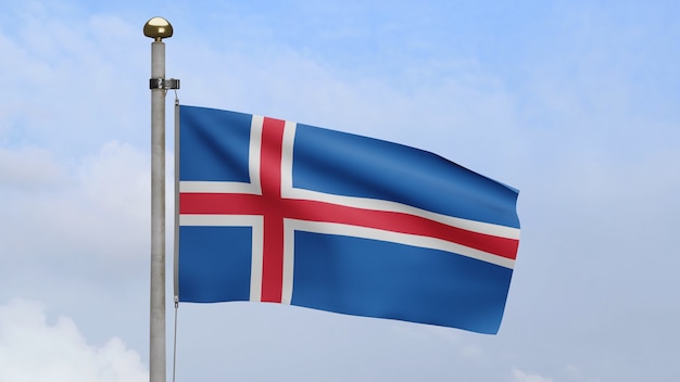 3D, isländische Fahnenschwingen auf Wind mit blauem Himmel und Wolken. Island Banner weht, weiche und glatte Seide. Stoff Textur Fähnrich Hintergrund. Verwenden Sie es für das Konzept für Nationalfeiertage und Länderanlässe.