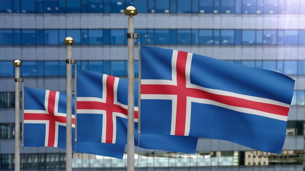 3D, isländische Flagge weht im Wind mit moderner Wolkenkratzerstadt. Island Banner weht, weiche und glatte Seide. Stoff Textur Fähnrich Hintergrund. Konzept für Nationalfeiertage und Länderanlässe.