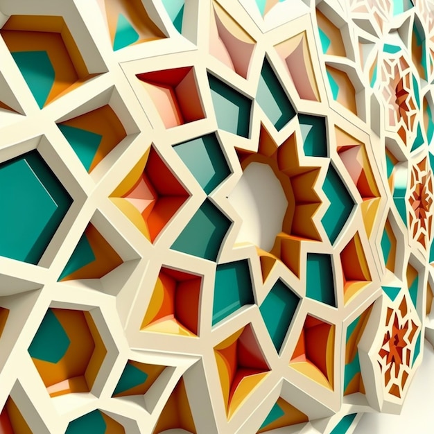 3D-islamischer kreativer Hintergrund mit Kopierraum, islamische Musterversion und hochdetailliertes farbiges buntes Mosaik in Perspektive Generative Ai