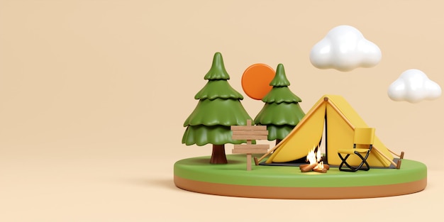 3d Island Camping en la naturaleza y elementos para acampar campamento de verano campamento fuego viaje senderismo Concepto 3d ilustración de representación
