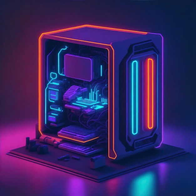 3d isometric pc case motherboard tema de luz de néon