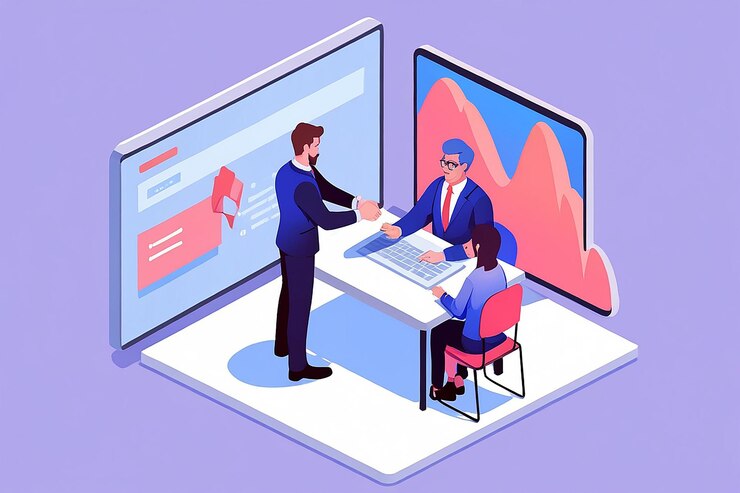 Foto 3d isometric web banner empresarios que tienen un acuerdo en línea y se estrechan la mano a través de la pantalla de la computadora portátil