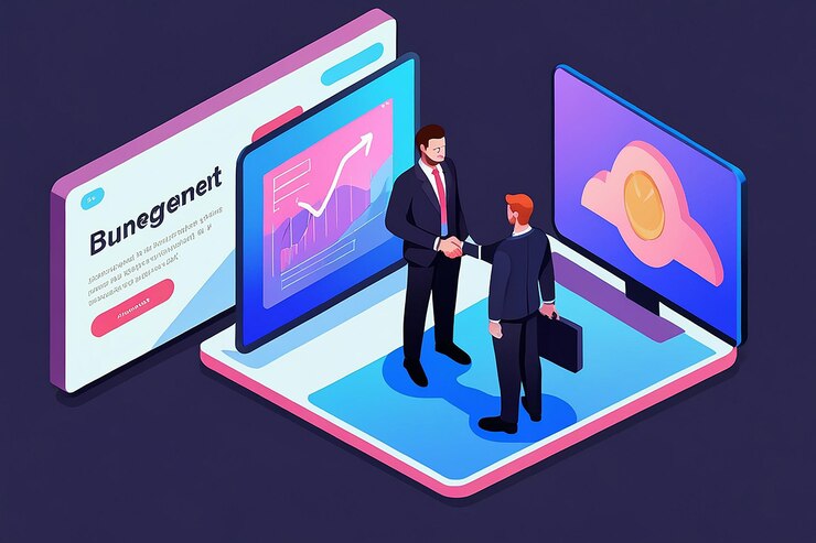 Foto 3d isometric web banner empresarios que tienen un acuerdo en línea y se estrechan la mano a través de la pantalla de la computadora portátil