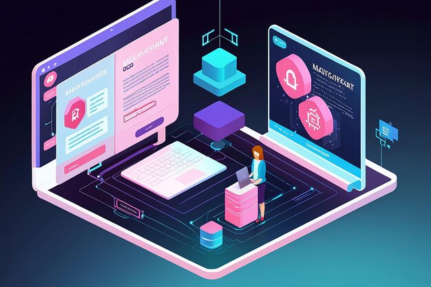 3D-Isometric Web Banner Smart Contract im Zentrum der Blockchain-Technologie