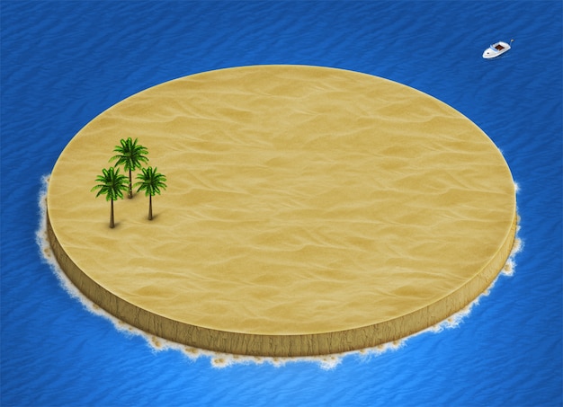 Foto 3d isométrica ilha deserta paisagem com palmeiras no fundo do oceano