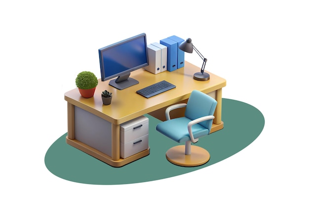 3D-isometrischer Winkel moderner Bürozimmer-Rendering mit Schreibtisch und Laptop mit Pflanzentopf-Mockup-Symbol