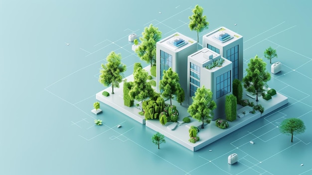 3D-isometrisches Gebäude mit Bäumen und blauem Wasserhintergrund