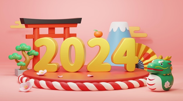 3D japanische Neujahrskarte für 2024