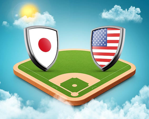 3d Japón Versus Estados Unidos Escudo Icono En el Estadio de Béisbol Con Campo de Hierba Verde Ilustración 3d