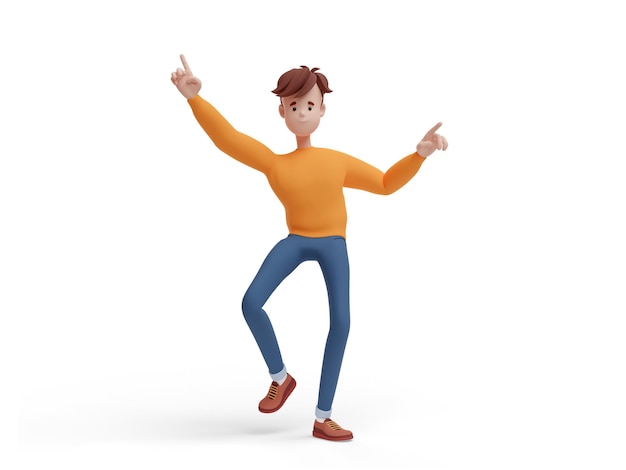 3D jovem positivo dançando com os dedos indicadores para cima Retrato de um cara engraçado dos desenhos animados em suéter de roupas casuais e jeans Minimalista estilizado ilustração 3D de personagem em fundo branco