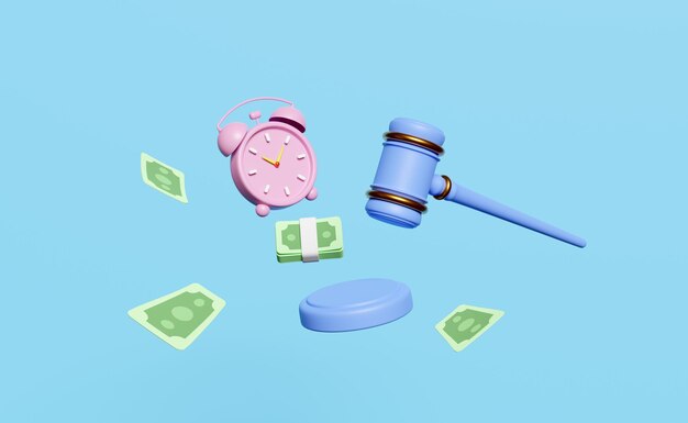 3D-Judge-Hammer-Auktion mit Standbanknoten Cartoon-Charakter Wecker isoliert auf blauem Hintergrund Angebot Idee Immobilienverkauf Auktionssymbol Konzept 3D-Render-Illustration