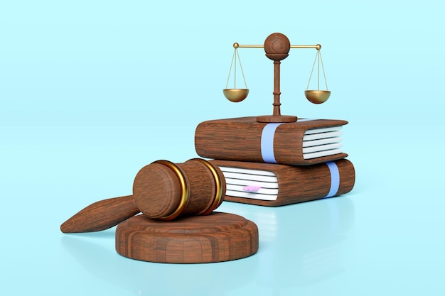 3d juez martillo martillo subasta con balanzas de justicia libro aislado en fondo azul sistema de ley de justicia símbolo concepto 3d render ilustración