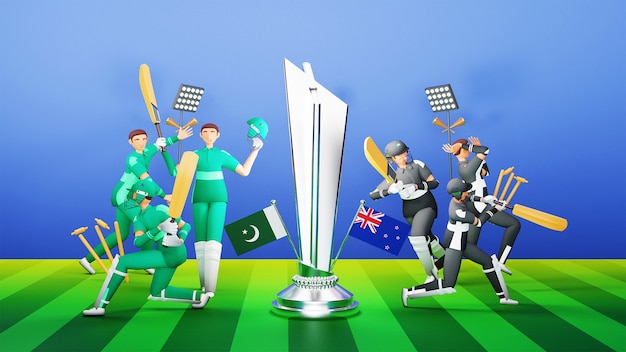 3D jugadores del equipo de críquet participantes de Pakistán vs Nueva Zelanda con trofeo de plata sobre fondo verde y azul.