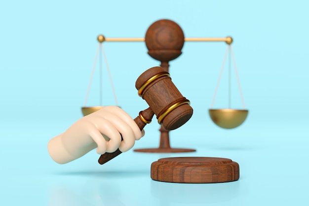 3d juiz de madeira martelo mão segurando martelo leilão com balança de justiça está isolado em fundo azul sistema de lei de justiça símbolo conceito 3d render ilustração