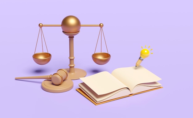 3d juiz martelo martelo leilão com suporte justiça balanças lâmpada lápis livro aberto isolado em fundo roxo lei sistema de justiça símbolo idéia dica 3d render ilustração clipping caminho