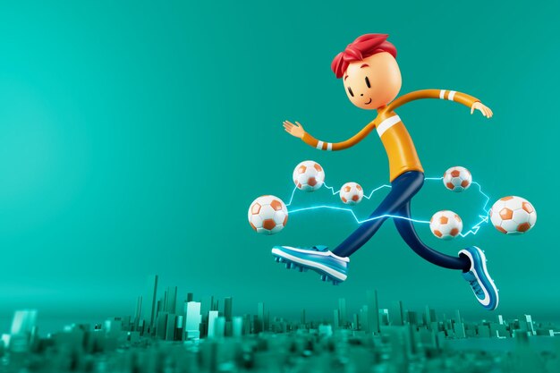 3D-Junge Charakter Fußballspieler im Fußball Aktion 3D-Illustration Sport Hintergrund Konzept Männer Kick Bewegung Sport Aktion Person Grafik Tapete Cartoon Spiel Fußball kreatives Poster-Layout