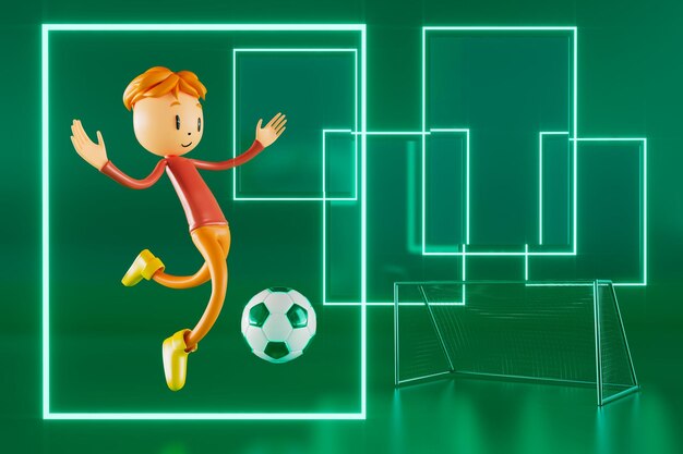 3D-Junge Charakter Fußballspieler im Fußball Aktion 3D-Illustration Sport Hintergrund Konzept Männer Kick Bewegung Sport Aktion Person Grafik Tapete Cartoon Spiel Fußball kreatives Poster-Layout