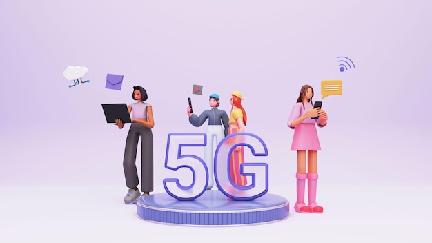 Foto 3d junge frauen, die ein 5g-hochgeschwindigkeitsnetz in ihren geräten auf pastellviolettem hintergrund verwenden