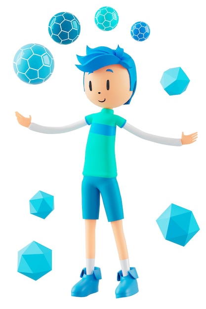 3D-Jungen-Cartoon-Figur in Aktion mit Beschneidungspfad 3D-Illustrator Sport Aktivität Übung Fitness Workout Training Lifestyle Mann Player Technologie VR-Fitnessstudio Outdoor-Cyberspace-Objektkonzept