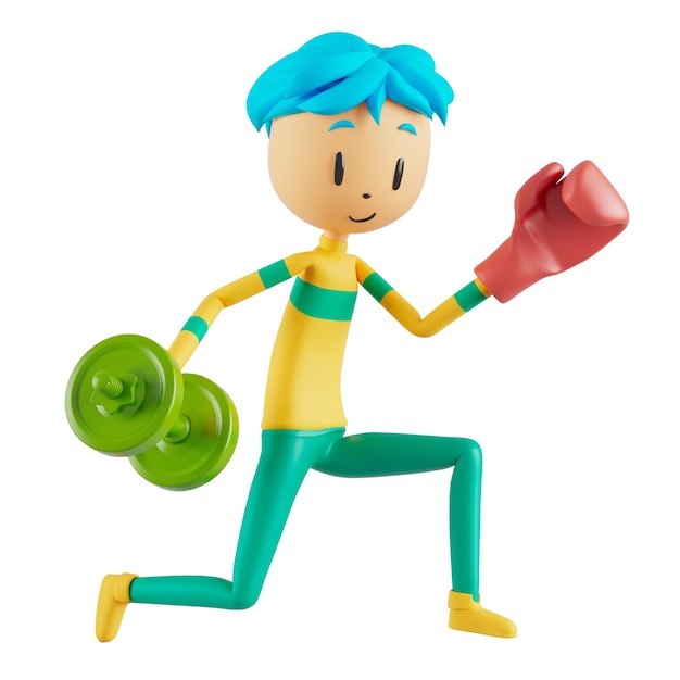 3D-Jungen-Cartoon-Figur in Aktion mit Beschneidungspfad 3D-Illustrator Sport Aktivität Übung Fitness Workout Training Lifestyle Mann Player Technologie VR-Fitnessstudio Outdoor-Cyberspace-Objektkonzept