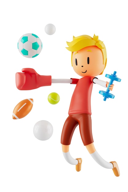 3D-Jungen-Cartoon-Figur in Aktion mit Beschneidungspfad 3D-Illustrator Sport Aktivität Übung Fitness Workout Training Lifestyle Mann Player Technologie VR-Fitnessstudio Outdoor-Cyberspace-Objektkonzept