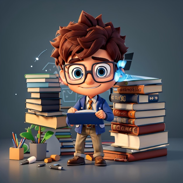 3D-Jungen-Cartoon-Figur, pädagogisches Klassenzimmer, generative KI