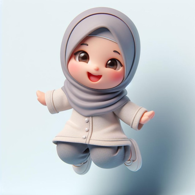 3D-Karikatur eines kleinen Kindes, das einen Hijab trägt und einen glücklichen Gesichtsausdruck springt