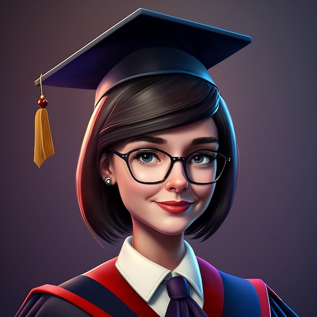 3D-Karikaturporträt eines Mädchens mit Universitätsabschluss, isoliert auf sauberem Hintergrund