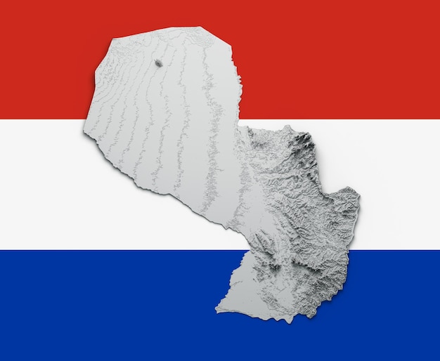 3D-Karte von Paraguay Schwarz-Weiß-Schattierte Reliefkarte auf der Flagge von Paraguay Hintergrund 3D-Illustration