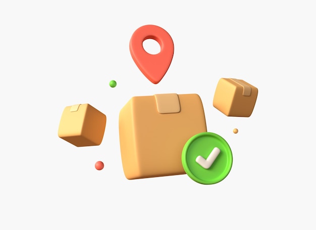 3D-Karton-Lieferbox und Geolokalisierungs-Symbol für die Verfolgung von Paketen GPS auf der Karte Lieferlogistik oder Vertriebskonzept 3D-Rendering