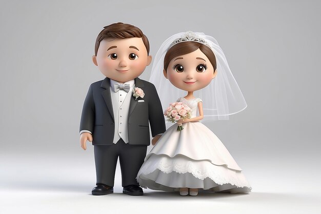 3D kleine Menschen Hochzeit des Bräutigams und der Braut 3D-Bild Isolierter weißer Hintergrund