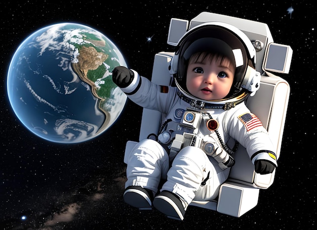 3D kleiner süßer Baby-Astronaut, der im Weltraumhintergrund fliegt