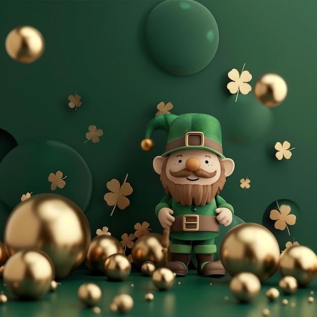 3d-Klöferblätter Leprechaunt Goldkugeln auf dunkelgrünem Hintergrund für das Grüß-Ferien-Design