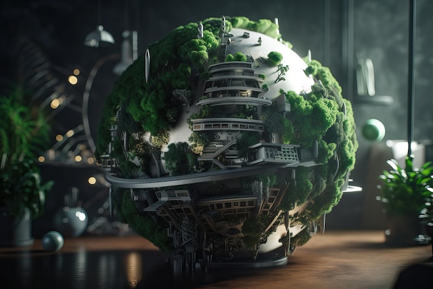 3d knolling esfera futurista verde planeta Tierra vida de bajo impacto IA generada