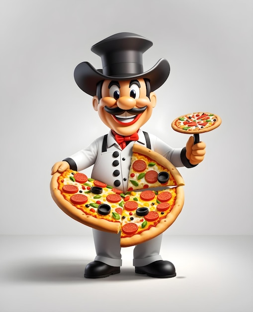 3D-Kochfigur mit Hut, der Pizza hält