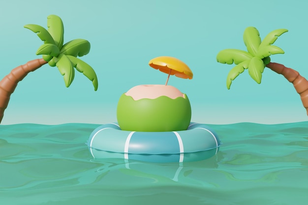 3D-Kokosnuss mit Sonnenschirm und aufblasbaren Ring schwimmend im Meer Tropischer Sommerstrand an einem sonnigen Tag Sommerurlaub 3D-Rendering