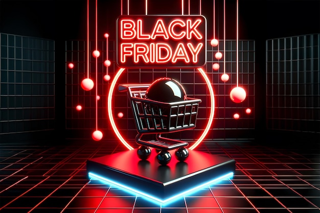3D-Konzeptbild eines Einkaufswagens mit roten LED-Buchstaben Black Friday