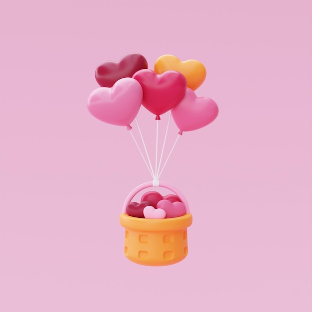 3D-Korb voller Herzen mit schwebenden Luftballons isoliert auf rosa Hintergrund Elementdekor für Valentinstag, Muttertag oder Geburtstag 3D-Rendering