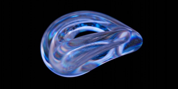 3D-Kristallglas abstrakte Form mit Brechung und holographischem Effekt isoliert auf schwarzem Hintergrund