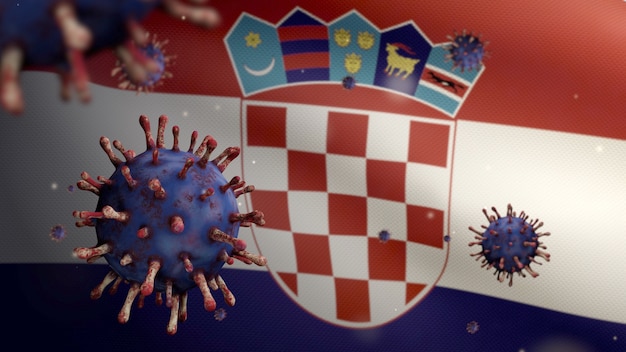 3D, kroatische Flagge weht mit Coronavirus-Ausbruch, der die Atemwege als gefährliche Grippe infiziert. Influenza-Virus vom Typ Covid 19 mit nationalem Kroatien-Banner, der Hintergrund weht. Pandemie-Risikokonzept