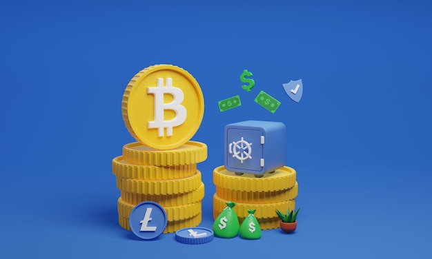 3D-Kryptowährungsmünzen mit Safe 3D-Bitcoin-Illustration Premium-Foto