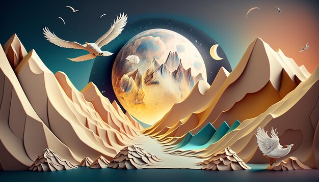 3D Kunst Wandbild Tapete Landschaft heller Hintergrund bunt golden Berge Ai generativ