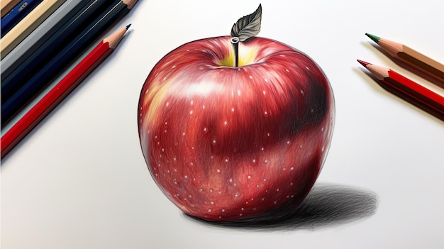 3D-Kunstbild der realistischen Zeichnung eines roten Apfels mit Bleistiftillustration Generative KI