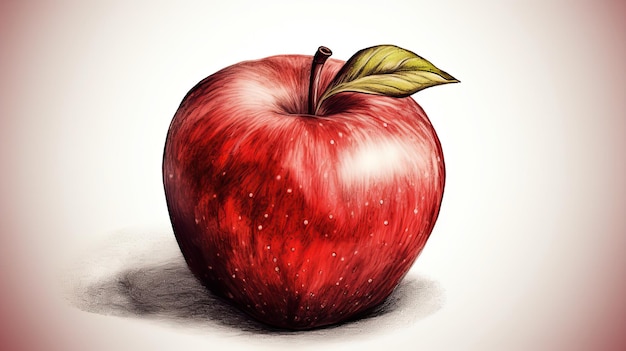 3D-Kunstbild einer realistischen Zeichnung eines roten Apfels isoliert auf pastellrosa Hintergrund, generative KI