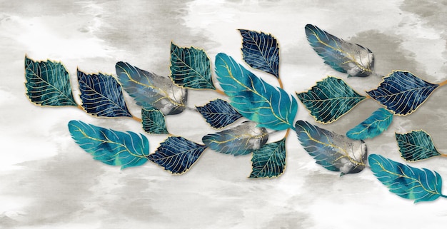 3D-Kunsttapete. blaue, türkisfarbene und graue Blätter, Federn, golden auf hellem Hintergrund