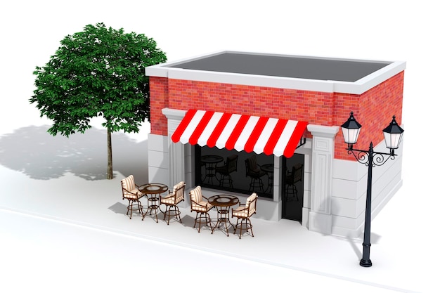 3D-Laden Ladenfront mit großen Fenstern auf weiß